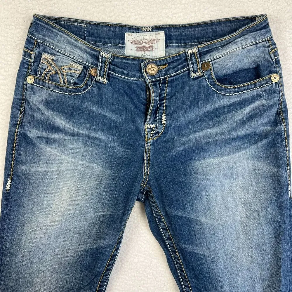 Big Star Women's Jeans 32R Bootcut Rhinestone Pocket‎ Distressed Denim Nina - Picture 7 of 16